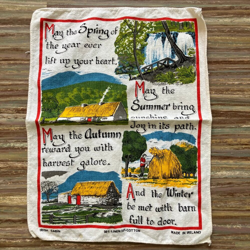 Vintage Irish Cabin Season Blessings Linen Cotton Kitchen Towel Dish Cloth